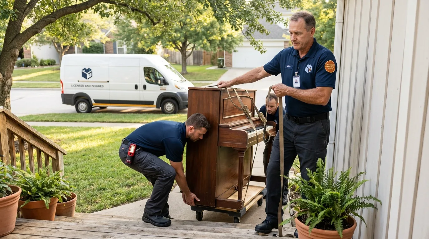 Licensed piano movers securing grand piano in Canton, MS