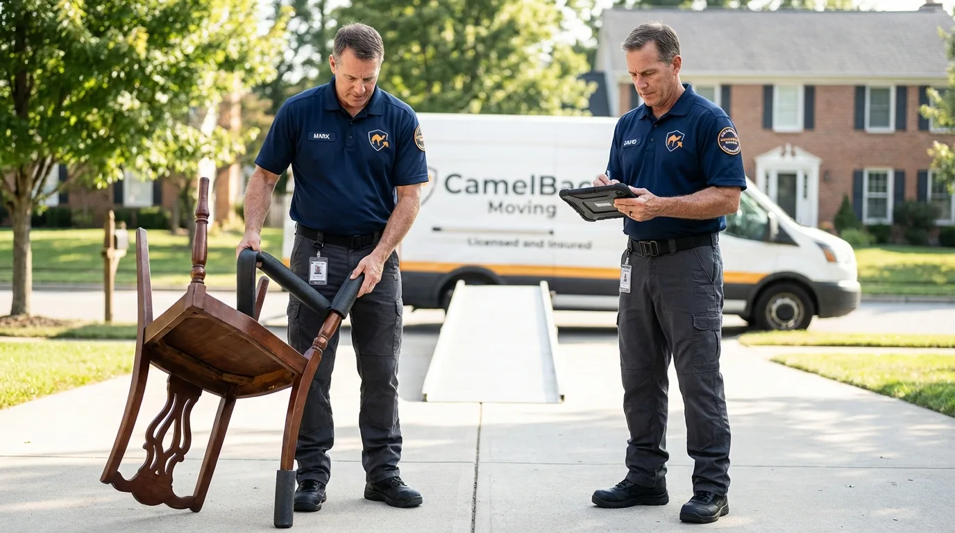 Movers inspecting furniture for damage prevention before loading in Canton, MS
